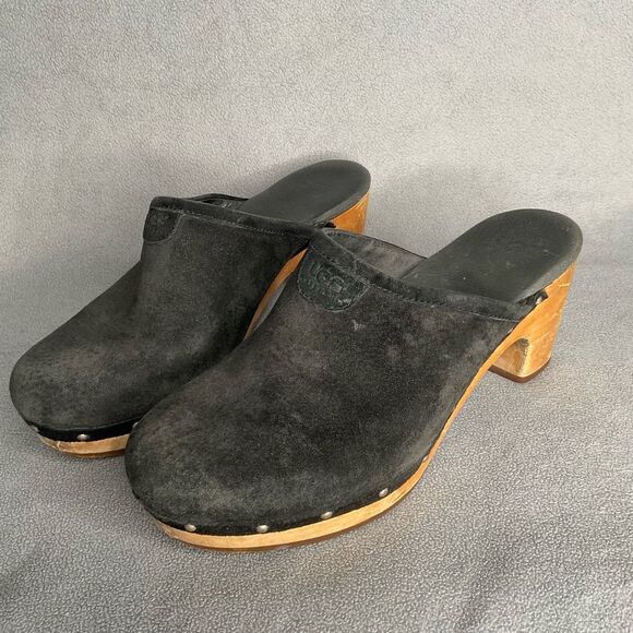 UGG Australia Womens Black Suede Leather Abbie Studded Wooden Clog Mules Size 7 - Picture 1 of 12